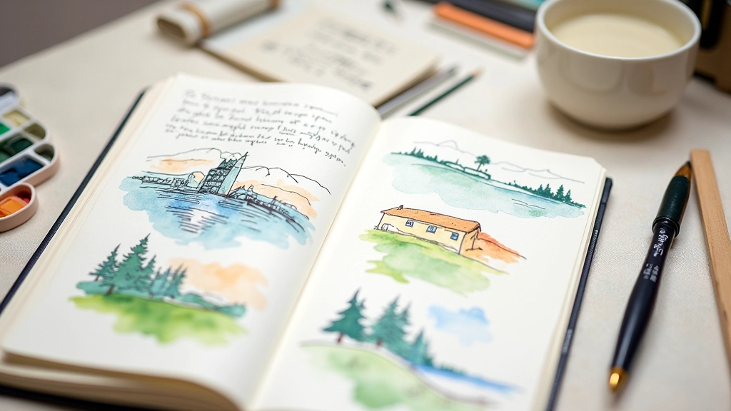 Art journal pages showing mixed media sketches, watercolor washes, written notes, and creative mixed techniques