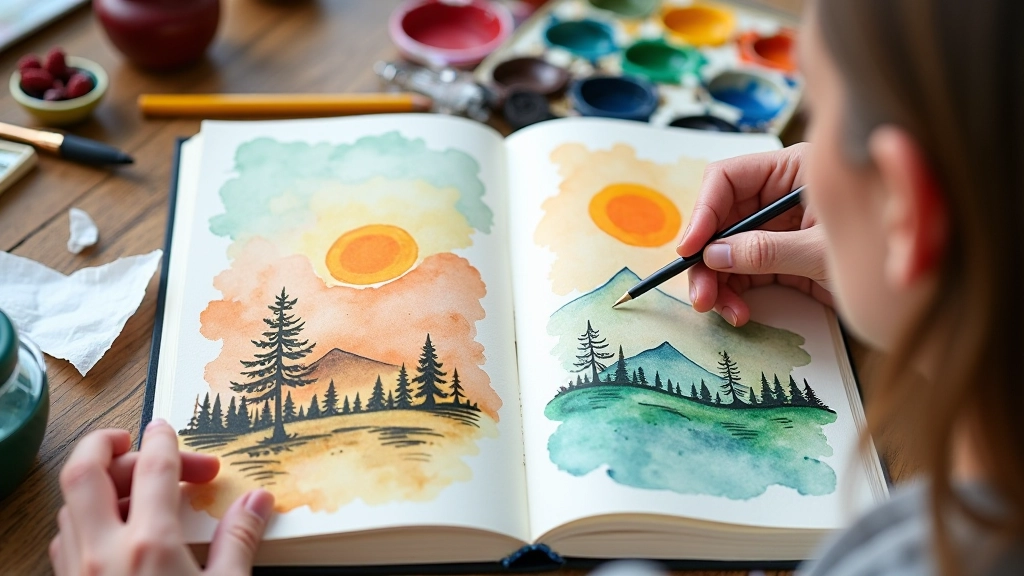 Close-up of mixed media art journal techniques including watercolor washes, ink pen details, and collage elements