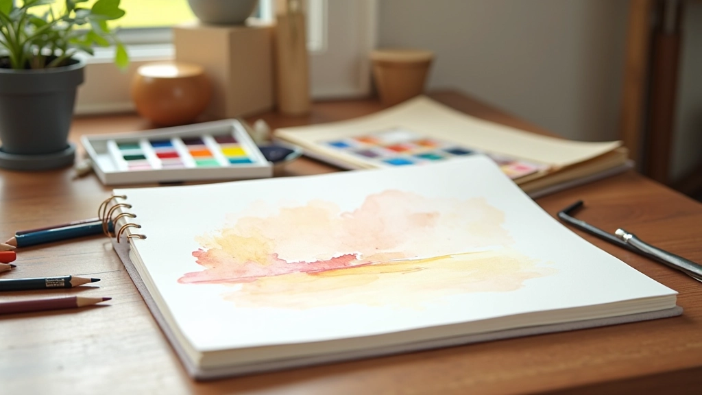 Art journal with watercolor paintings, colored pencils, and mixed media materials on a wooden desk with natural light