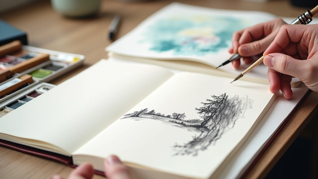 Art journaling pages showing mixed media drawings, sketches, and creative experiments