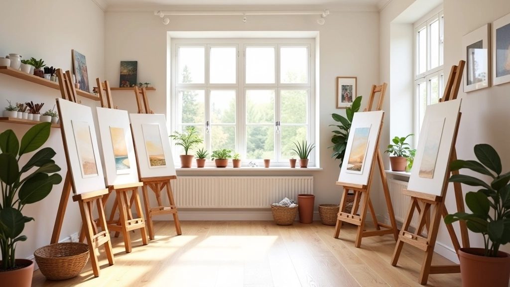 Bright art studio interior with easels, artwork displayed on walls, natural lighting from large windows, and organized art supplies on shelves
