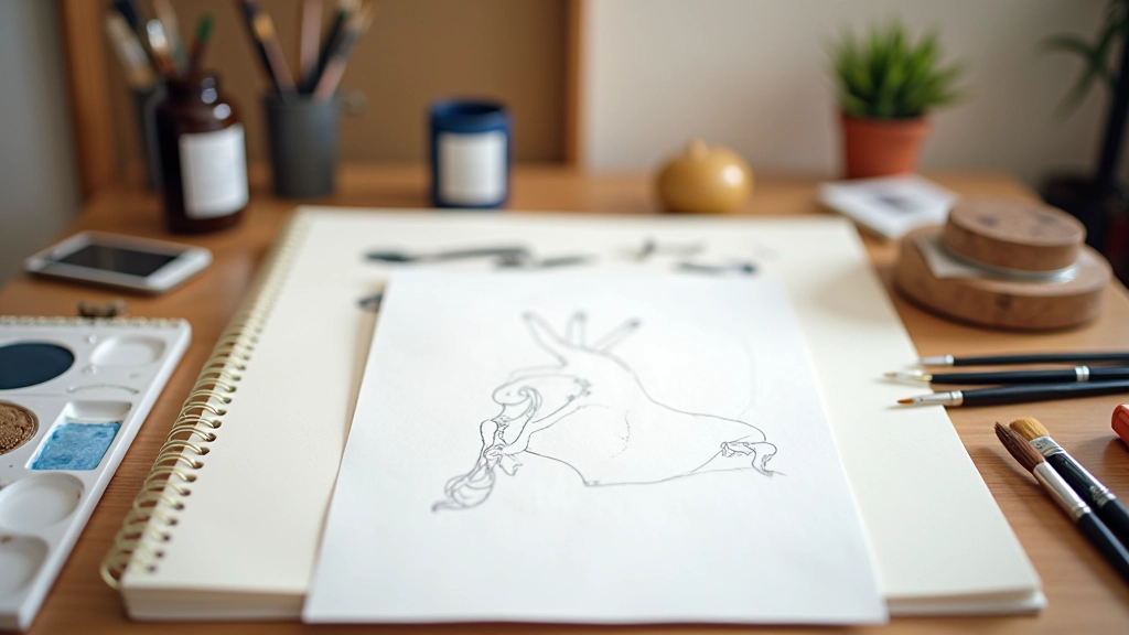 Art studio workspace with sketches, brushes, and creative materials displayed on wooden table