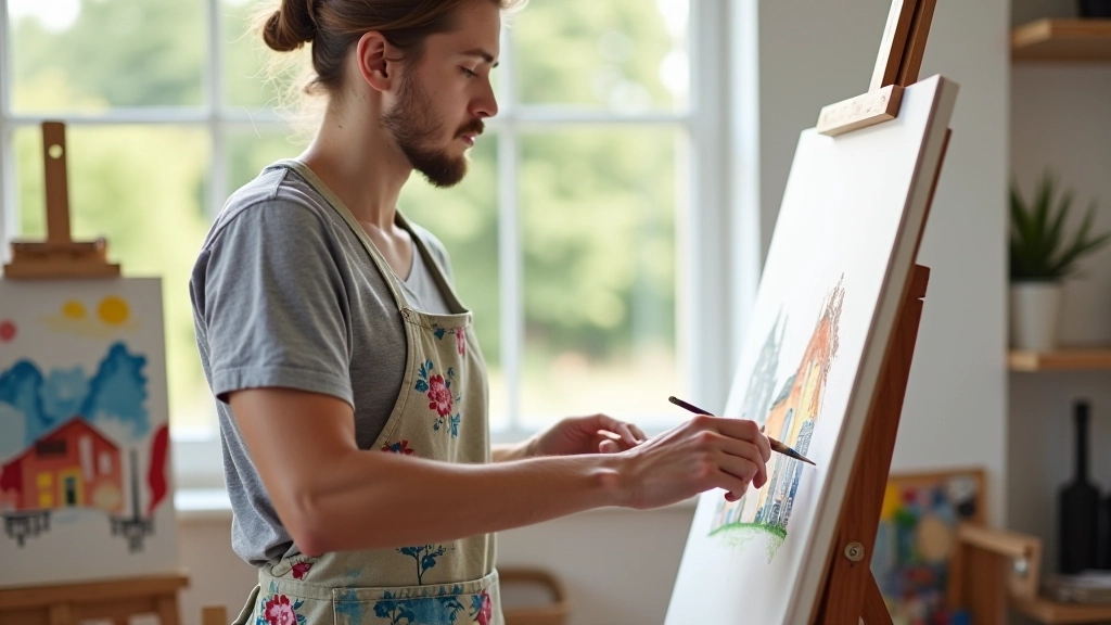 Artist creating watercolor landscape painting in home studio with natural light