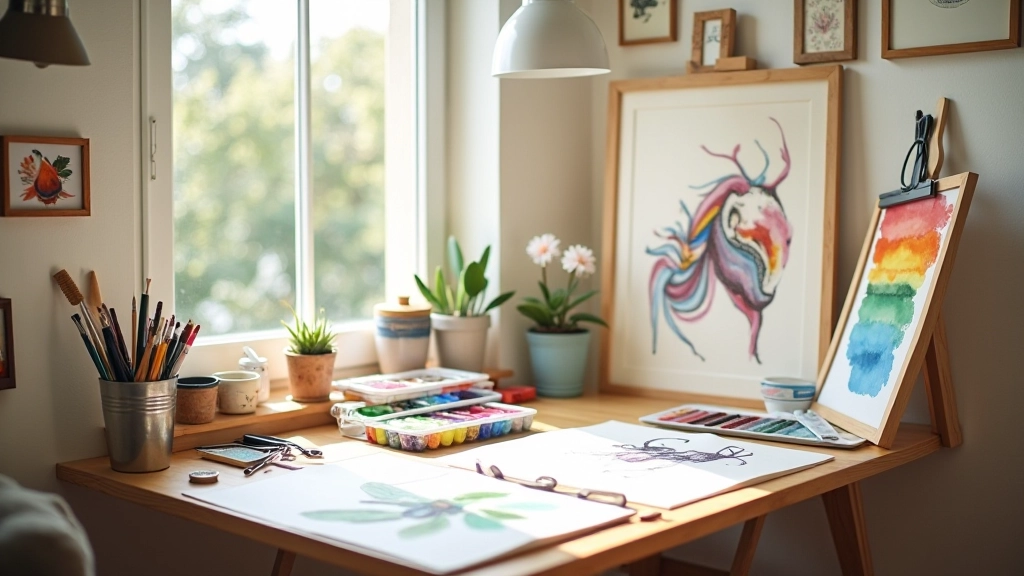 Creative workspace with art supplies and finished watercolor paintings