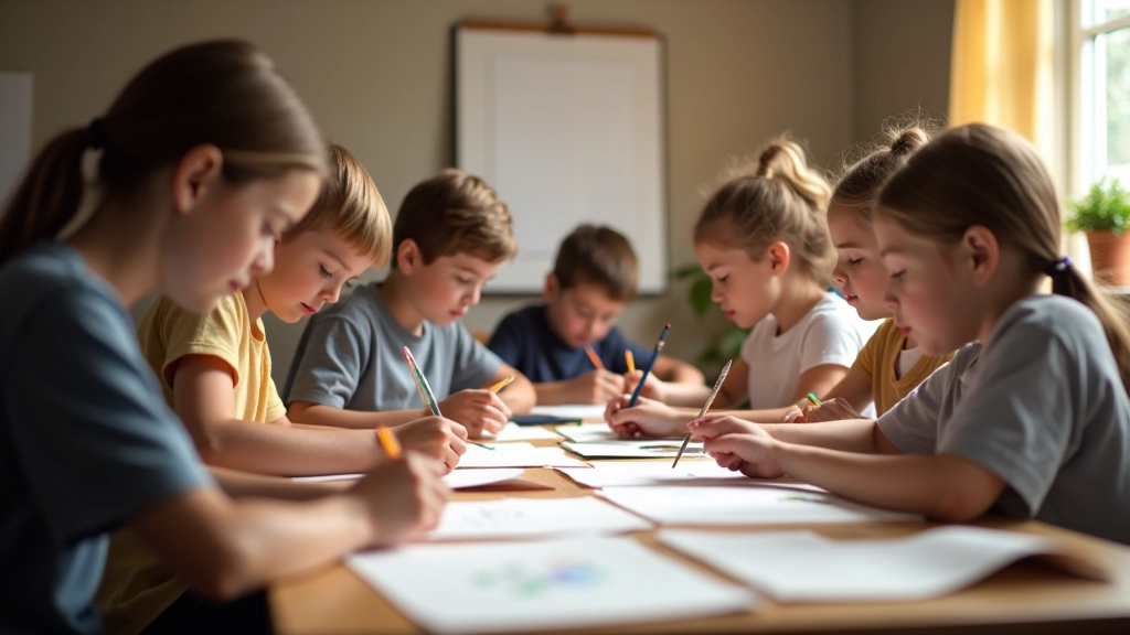 Community art class in progress with diverse group of students working at tables with instructors nearby