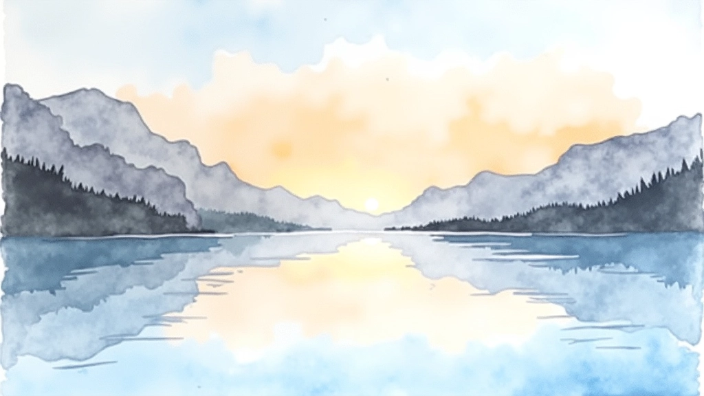 Completed watercolor landscape painting showing detailed water reflection and gradient sky from warm to cool tones