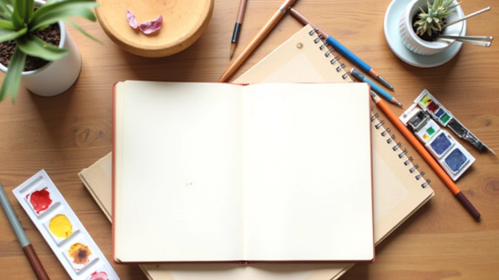 Art supplies and sketchbooks arranged on a wooden surface