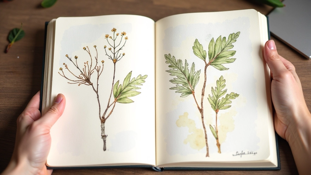 Art journal with mixed media sketches and writing