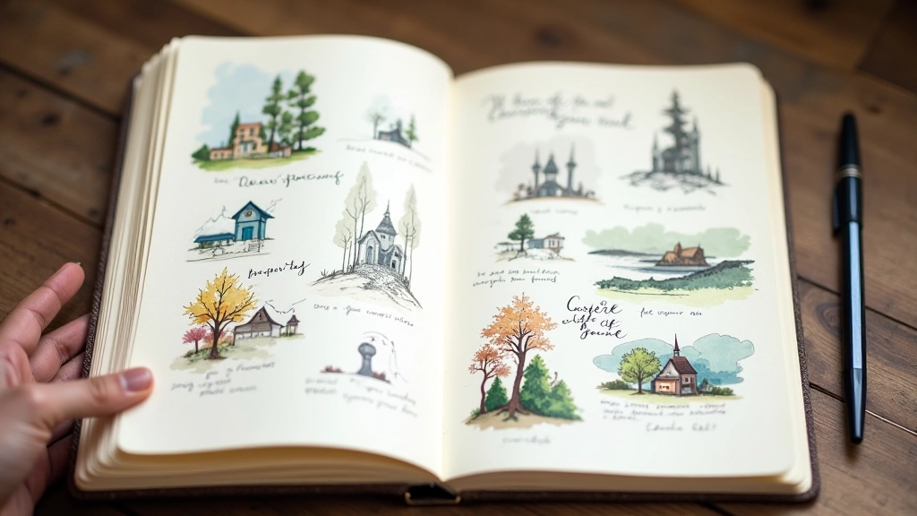 Open art journal spread with sketches, watercolor paintings, and handwritten notes