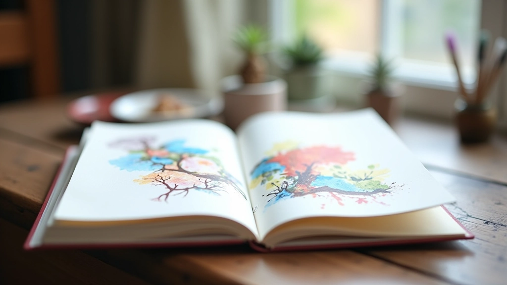 Colorful art journal spread with mixed media elements including watercolor, collage, and hand-drawn sketches