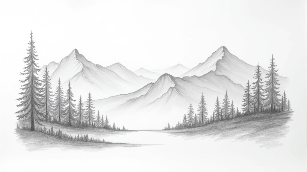 Landscape sketch demonstrating rule of thirds composition with foreground, middle ground, and background elements properly balanced