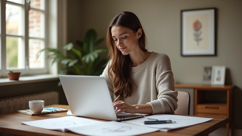 Person researching art classes on laptop at home, surrounded by art books and sketching materials