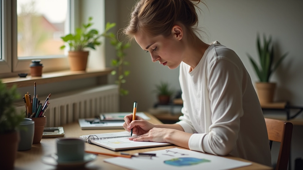 Artist working on sketching in a home creative space with natural lighting