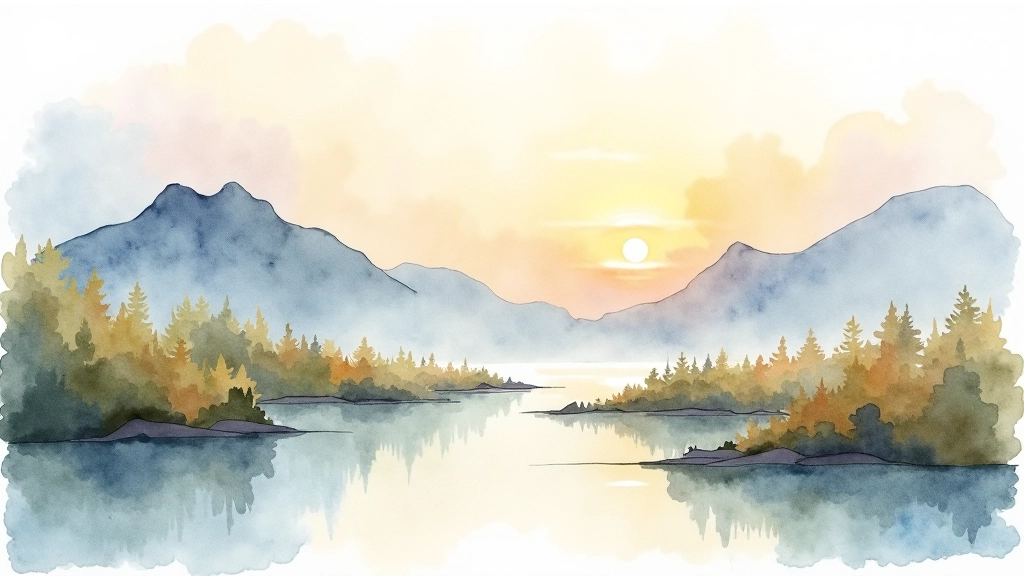 Watercolor landscape painting with layered colors creating atmospheric depth
