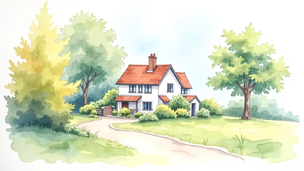 Watercolor landscape with clear focal point—a bright building or tree standing out against softer background elements