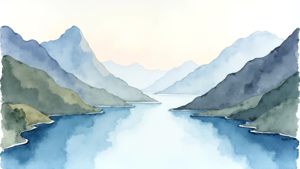 Watercolor landscape painting showing depth, atmospheric perspective, and layered color techniques with mountains and water