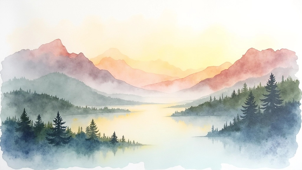 Watercolor landscape painting with layered colors and atmospheric effects
