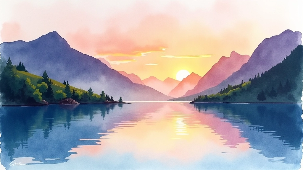 Watercolor landscape painting with mountains and water reflecting sunset colors