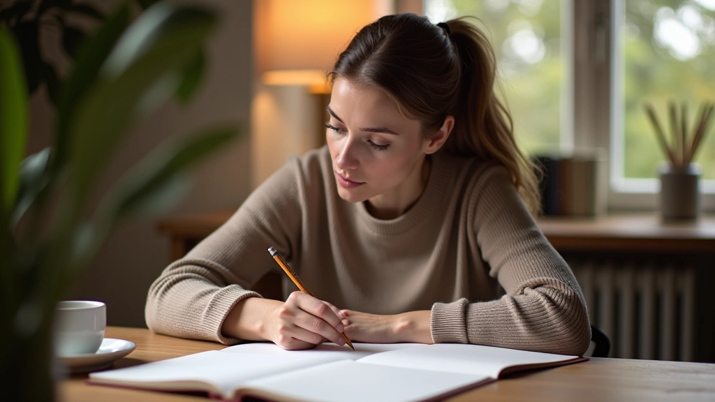 Person sketching in art journal at a wooden desk with morning light, colored pencils scattered nearby